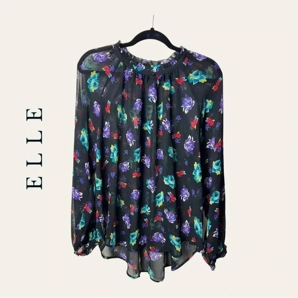 0411W. Elle SHEER LONG SLEEVE TOP KEYHOLE IN FRONT FLORAL‎ PATTERN BLACK SIZE XL